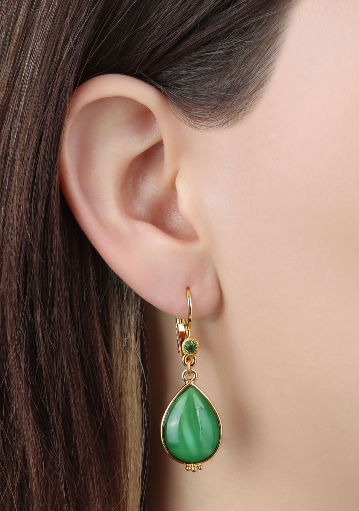 Gold Tone Green Moonstone Teardrop Leverback Earrings