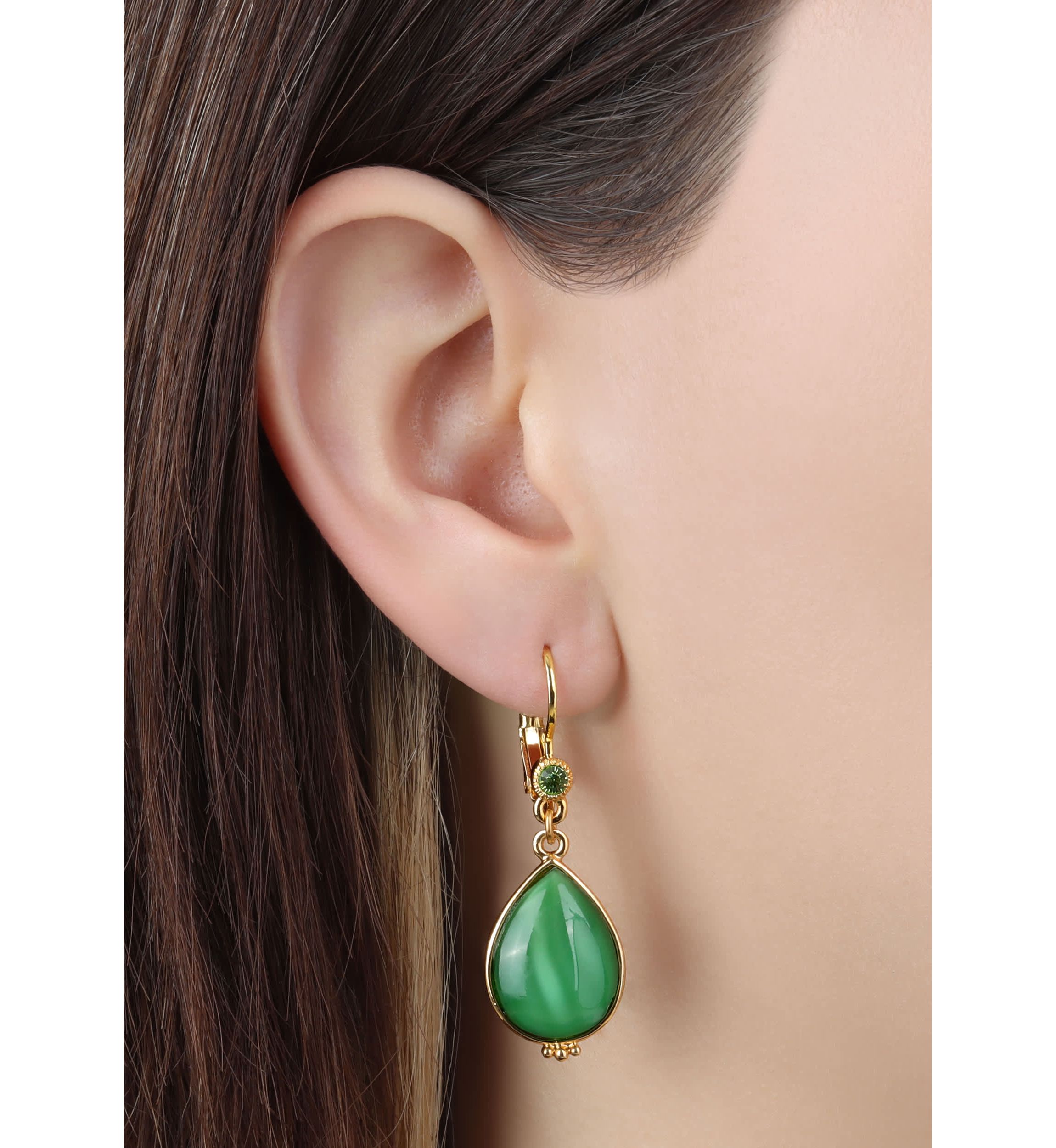 Gold Tone Green Moonstone Teardrop Leverback Earrings