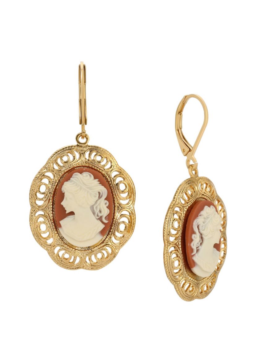 14K Gold Dipped Carnelian Cameo Earrings