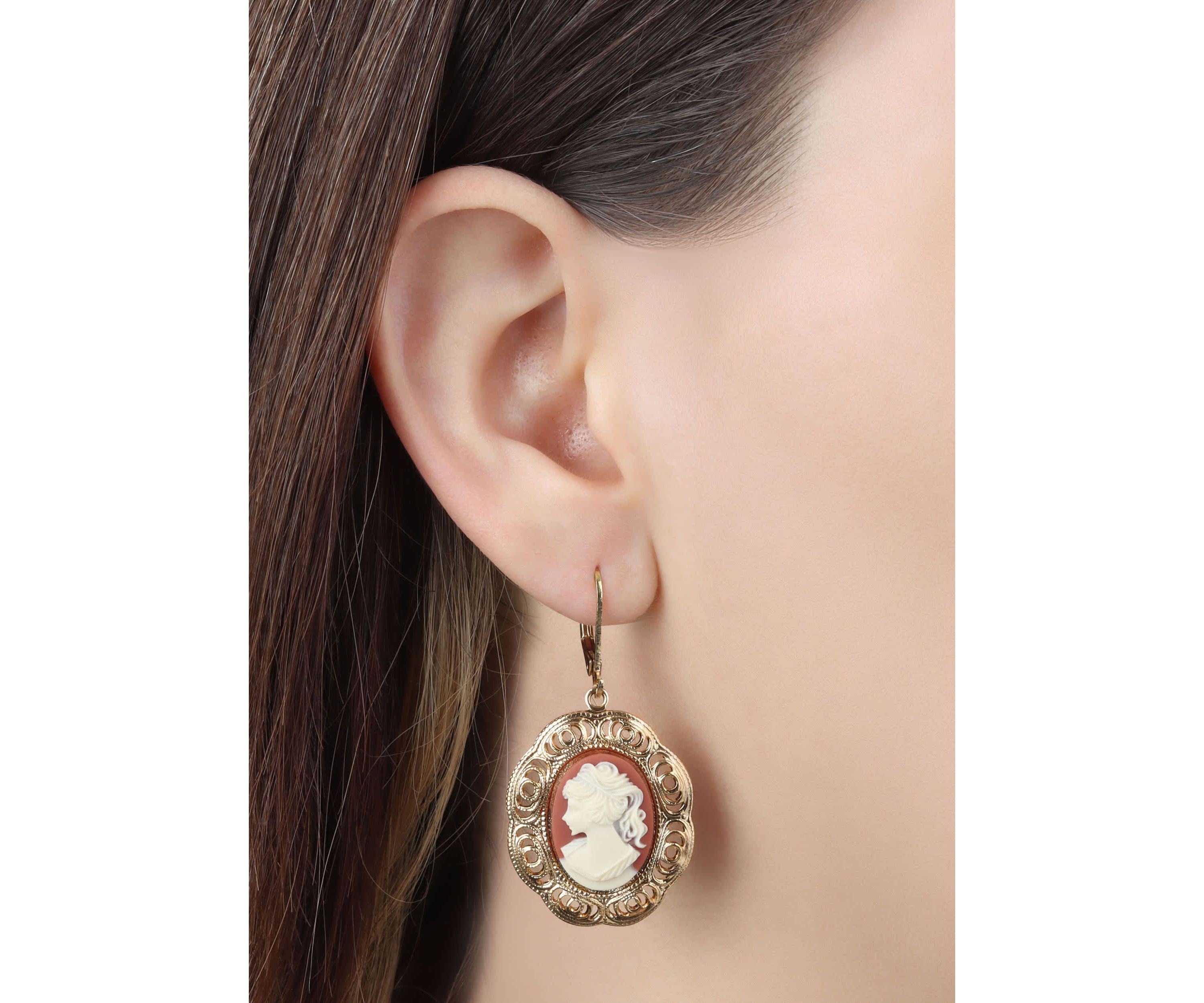 14K Gold Dipped Carnelian Cameo Earrings