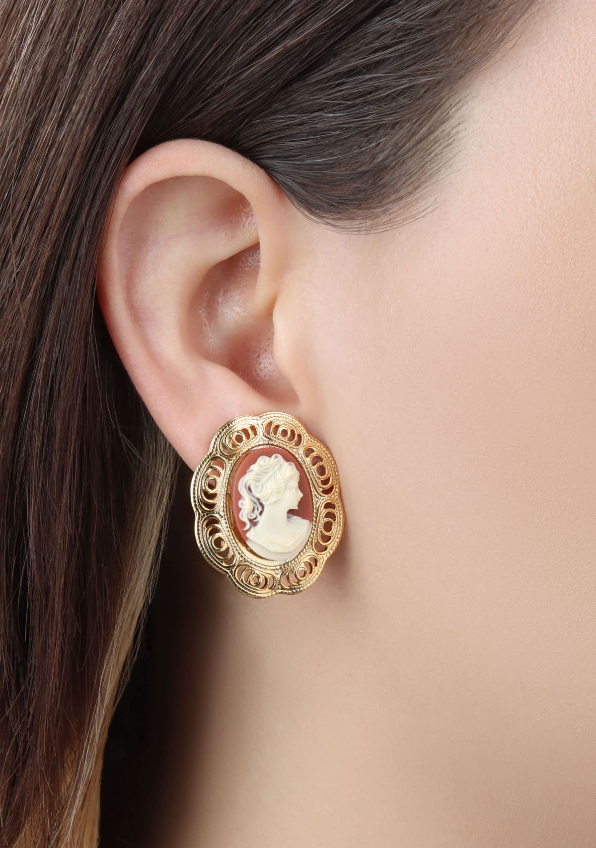 Gold-tone Carnelian Cameo Clip Earrings