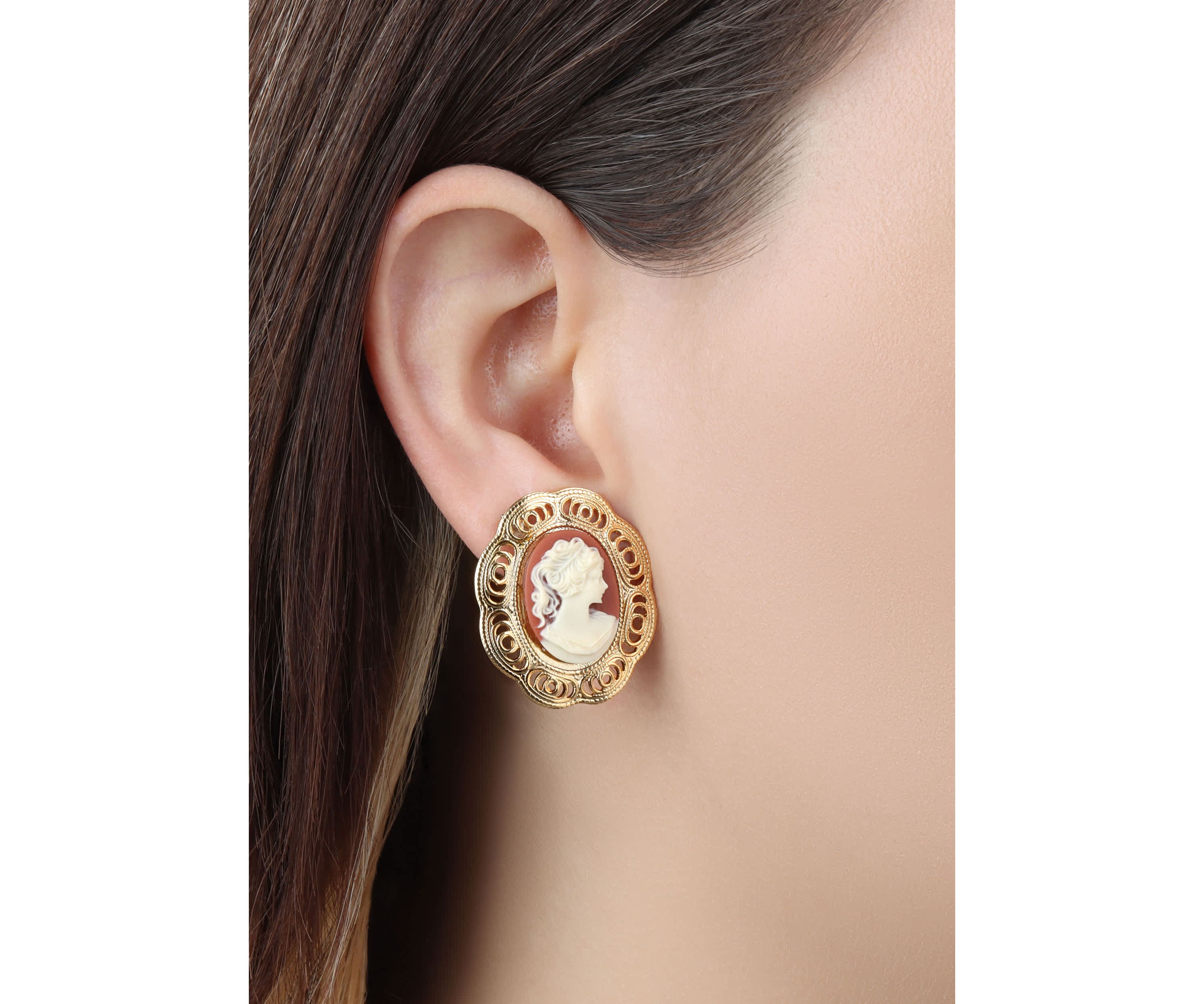 Gold-tone Carnelian Cameo Clip Earrings