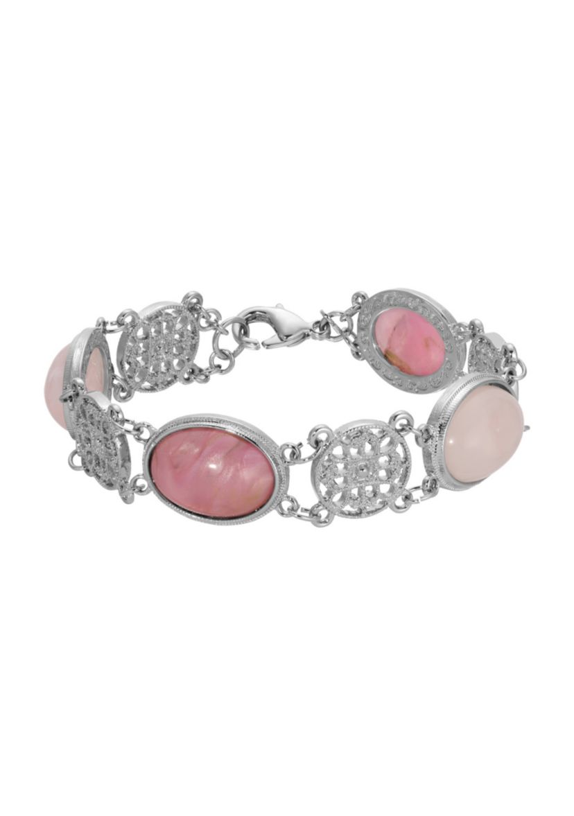 Silver Tone Pink Beads Filigree Bracelet