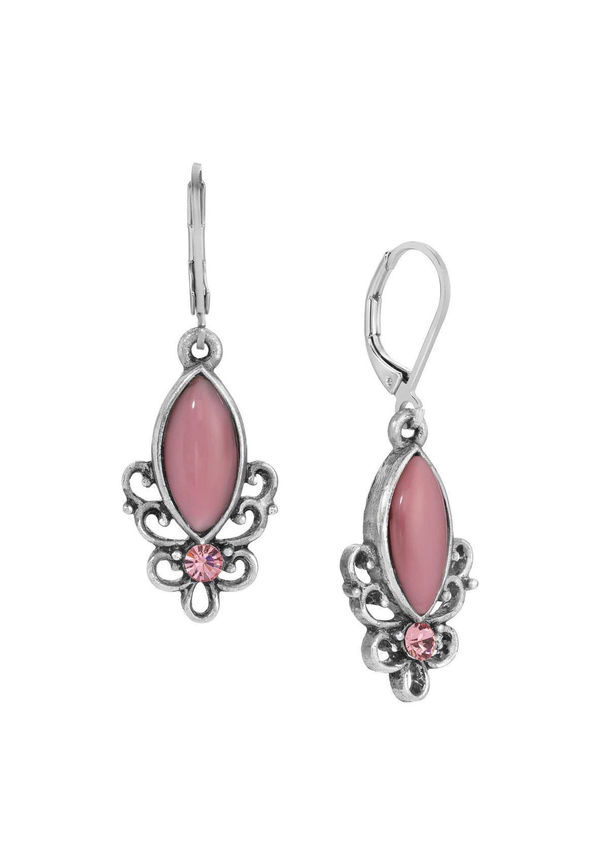 Silver Tone Pink Leverback Earrings