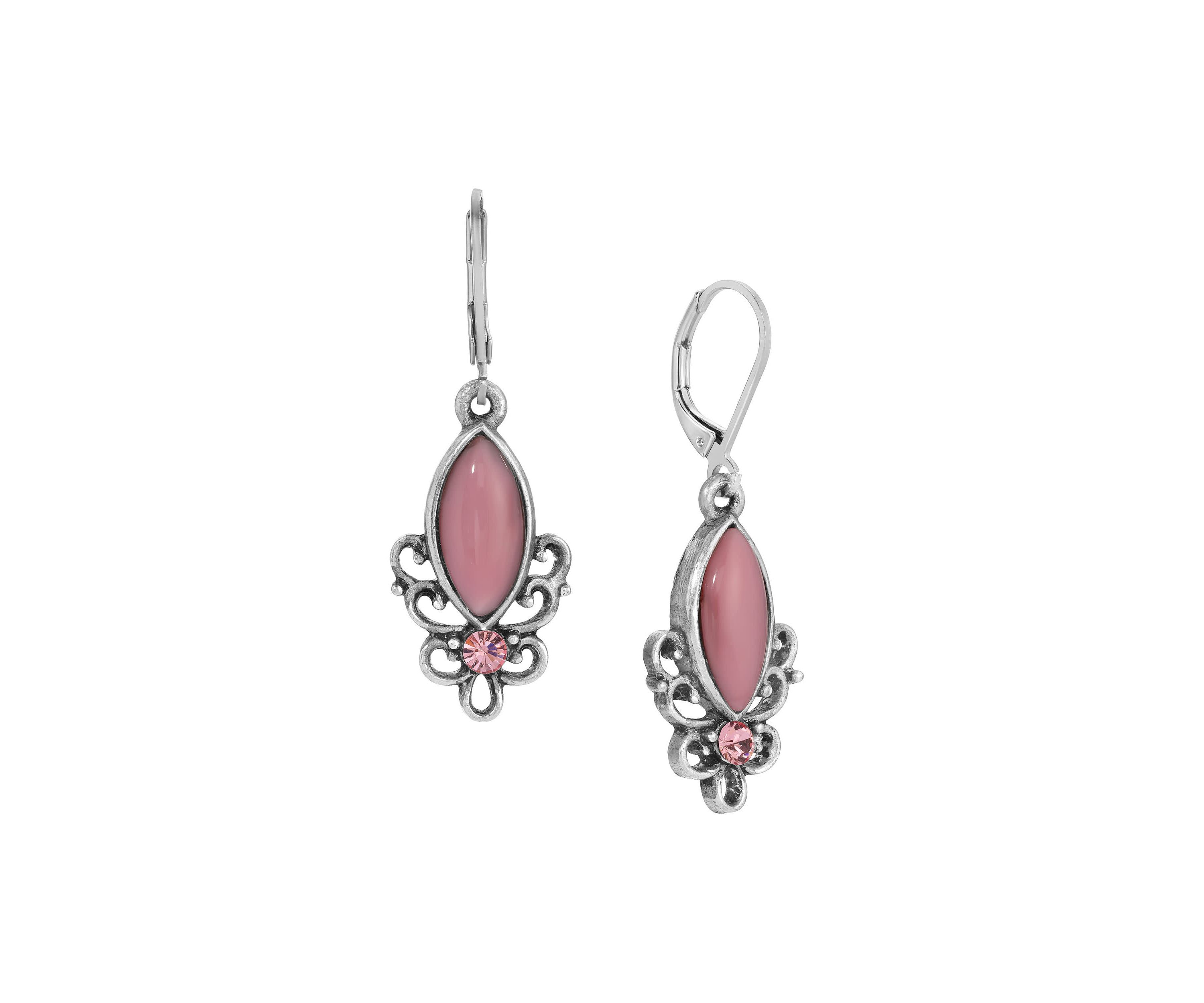 Silver Tone Pink Leverback Earrings