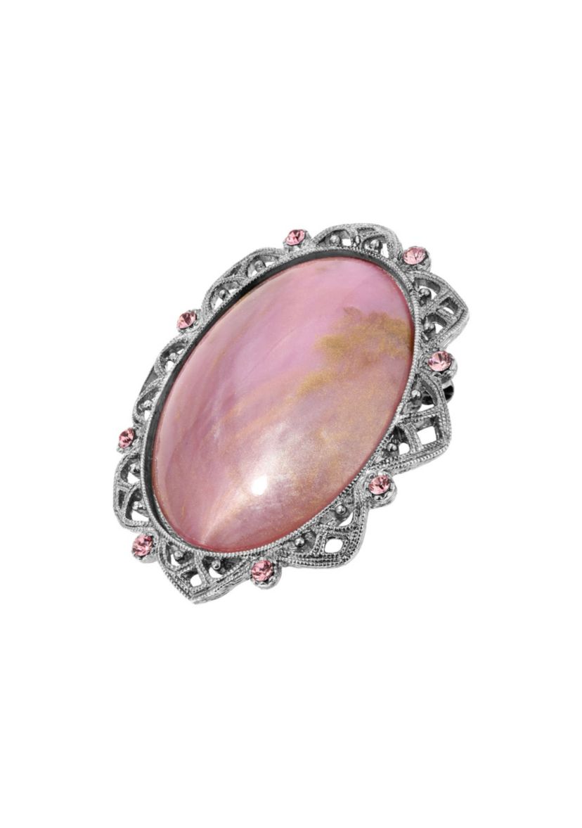 Silver Tone Pink Oval Stone Brooch
