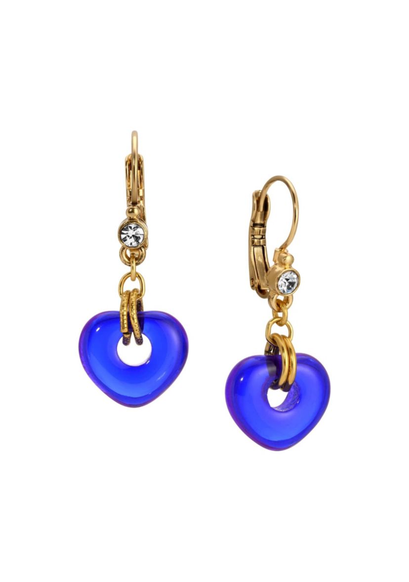Gold Tone Blue Glass Heart Drop Earrings