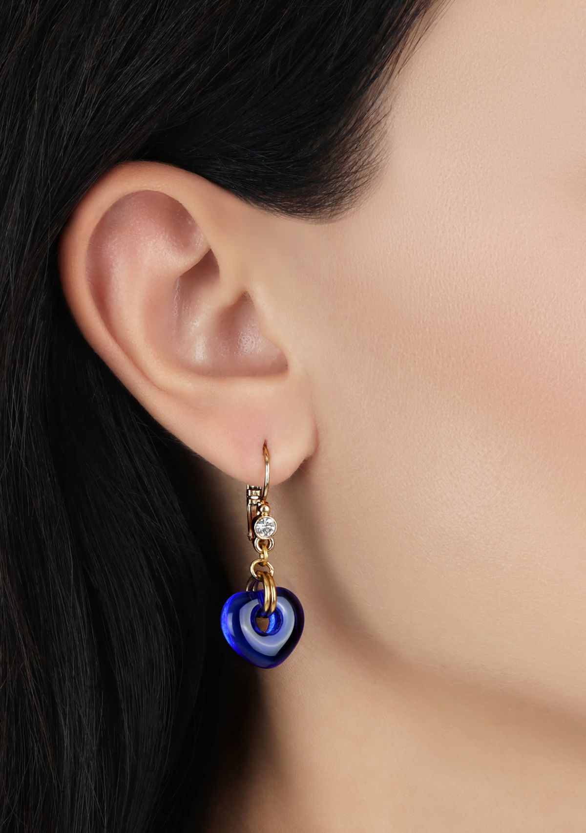 Gold Tone Blue Glass Heart Drop Earrings