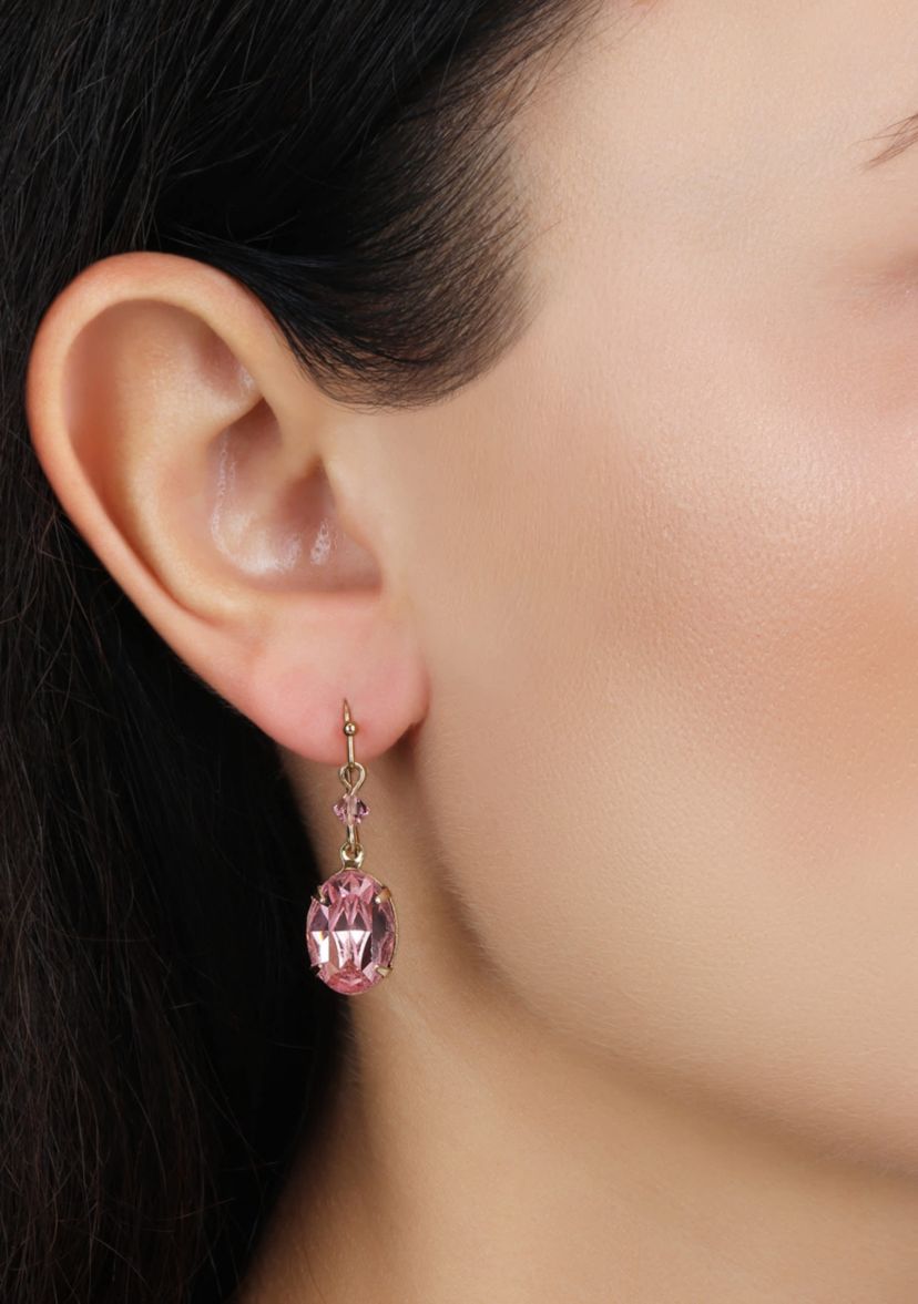 Gold Tone Pink Oval Crystal Earrings