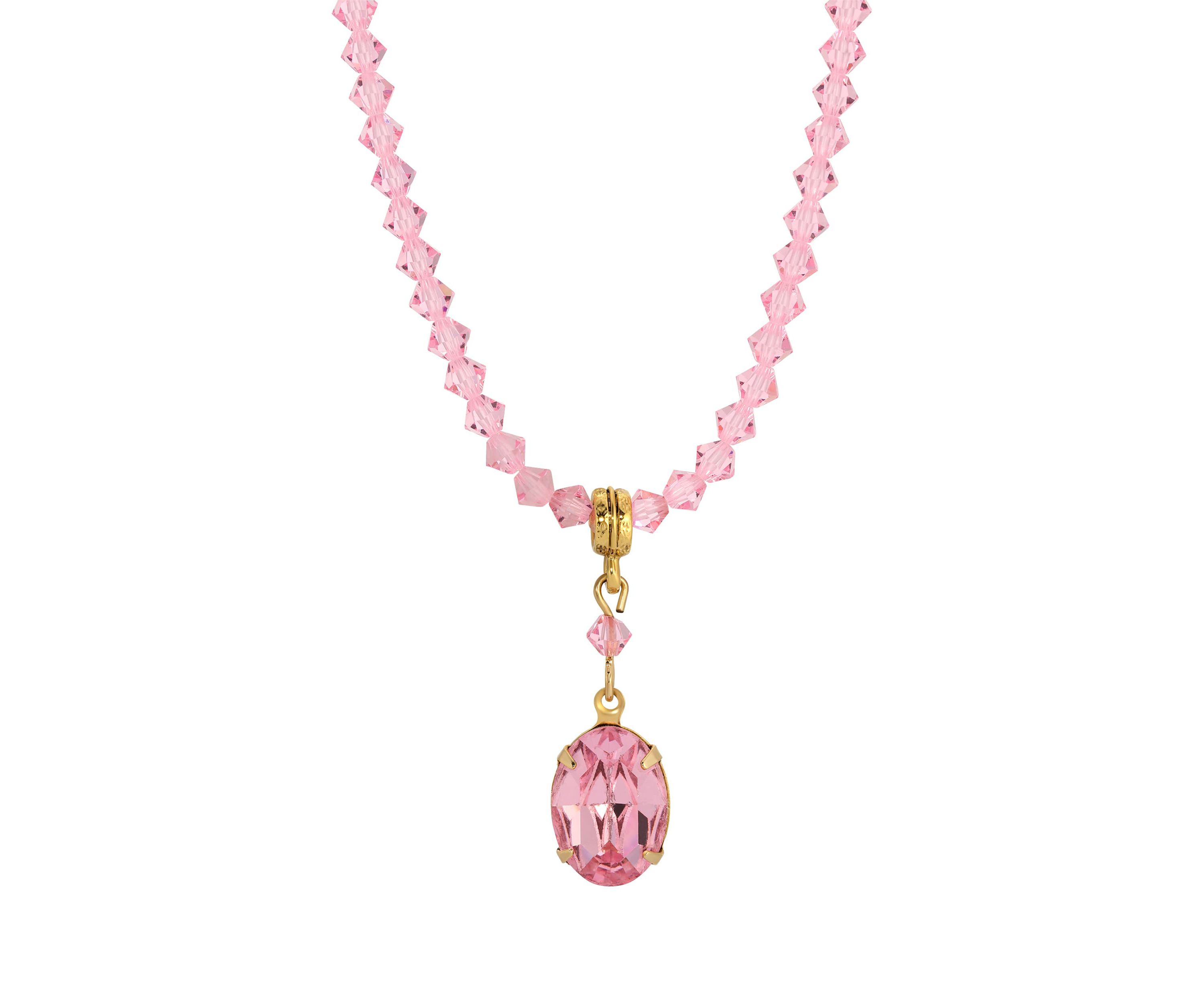 Pink Bead Strand Oval Crystal Necklace