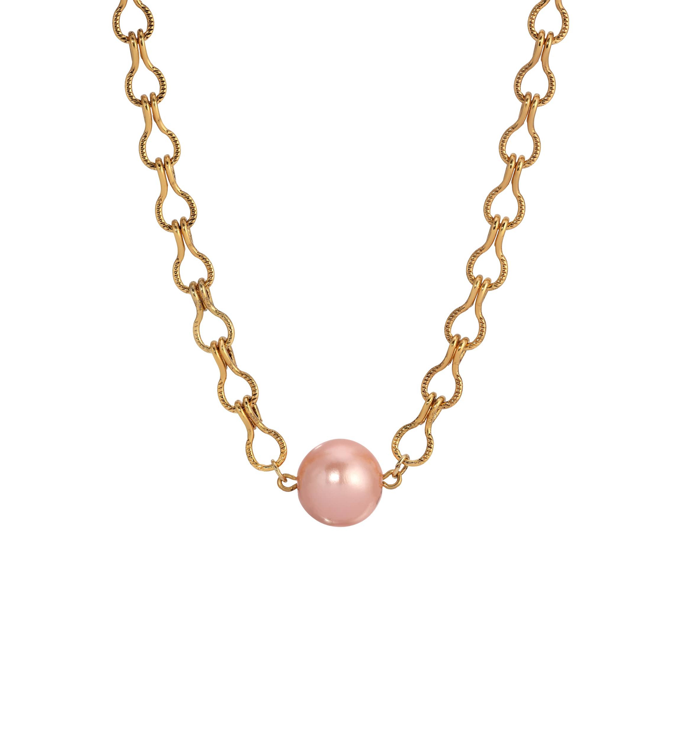 Gold Tone Peach Pearl Bead Necklace 16"