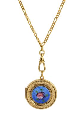1928 Jewelry Gold Tone Pink Flower Decal Locket Necklace 28", Blue, 28 in