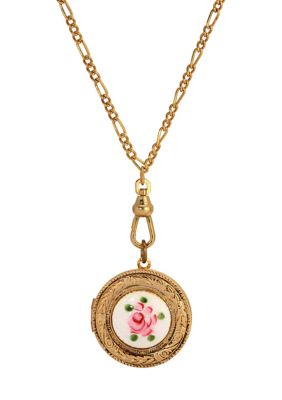 1928 Jewelry Gold Tone Pink Flower Decal Locket Necklace 28"