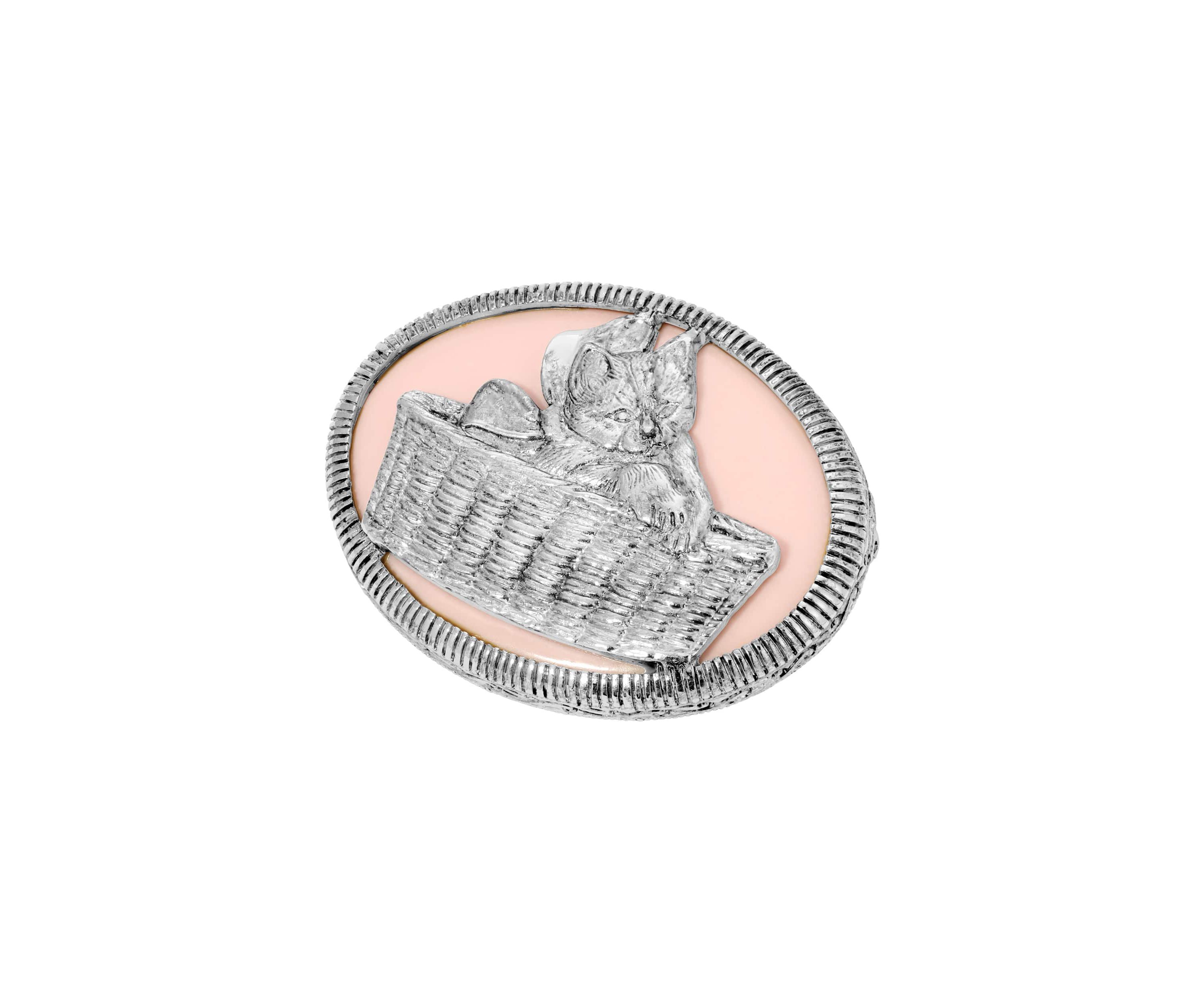Pink Oval Cat In Basket Brooch