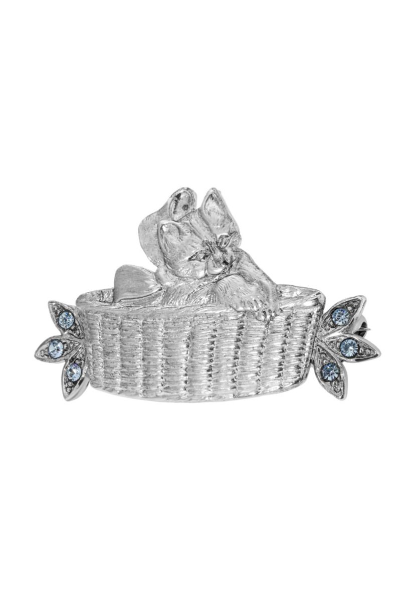 Silver Tone Cat In Basket Brooch