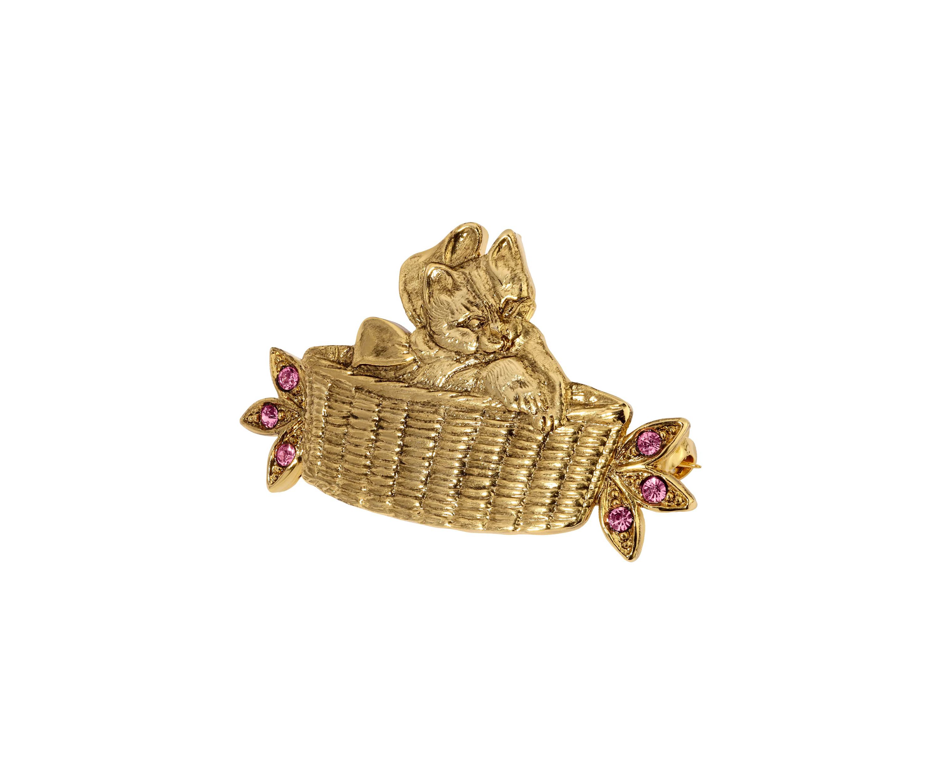 Gold Tone Cat in Basket Brooch