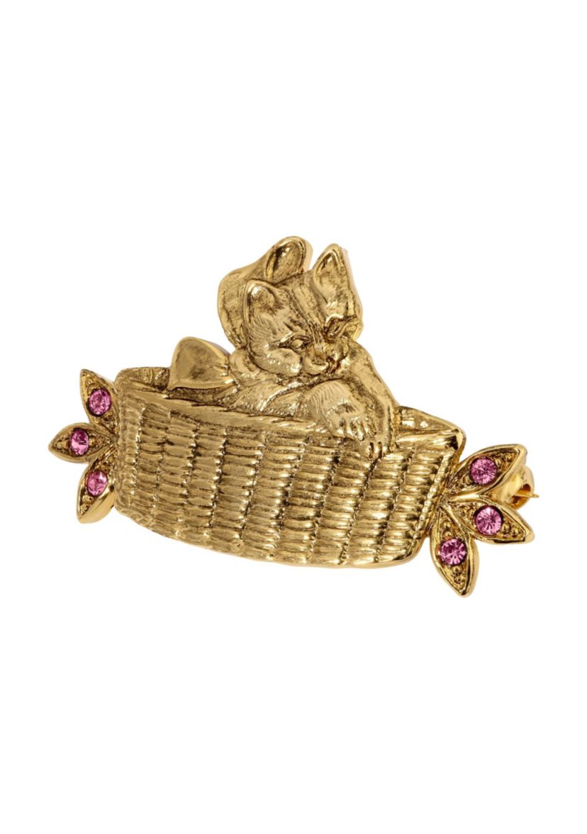 Gold Tone Cat in Basket Brooch
