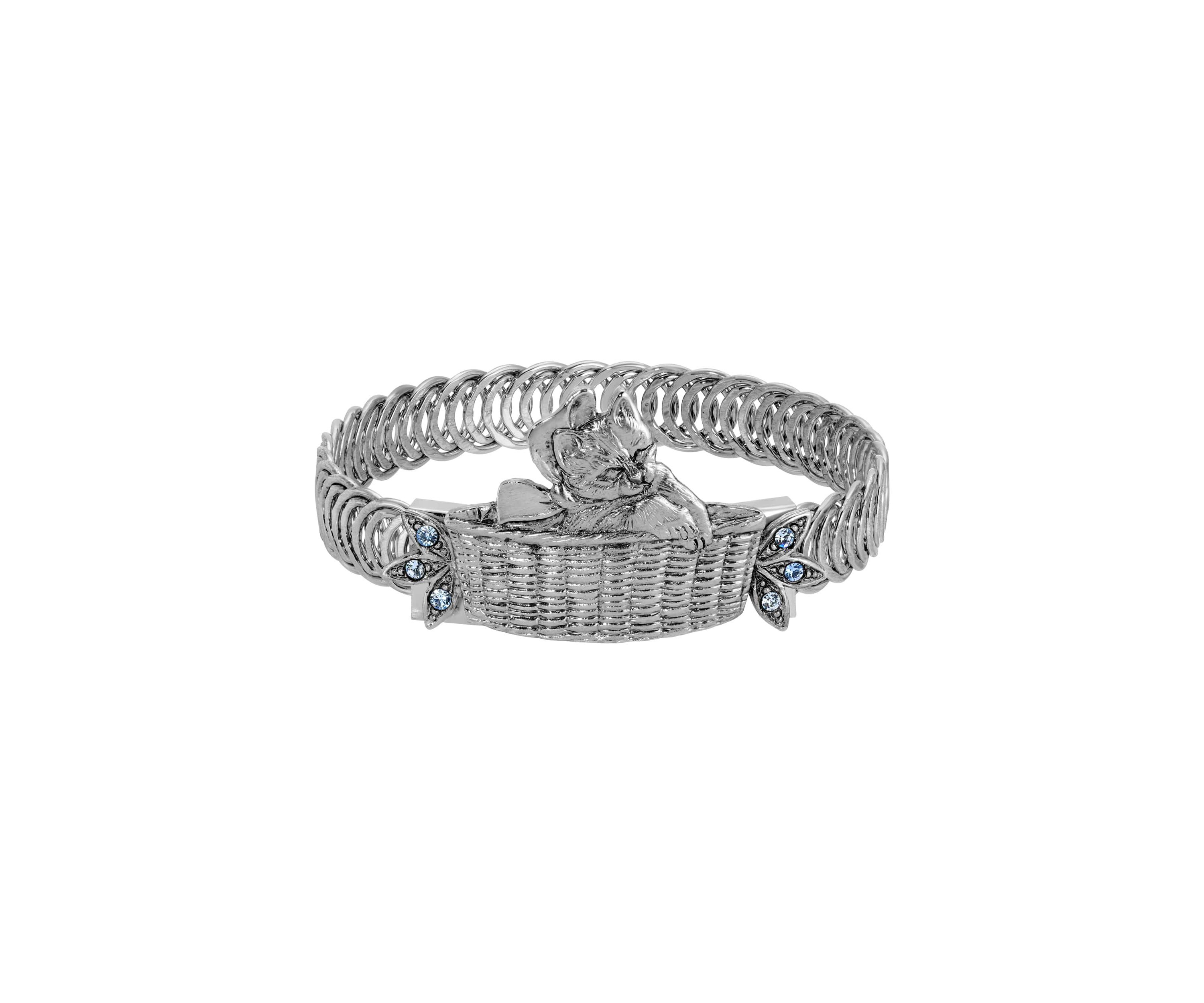 Silver Tone Cat In Basket Bracelet