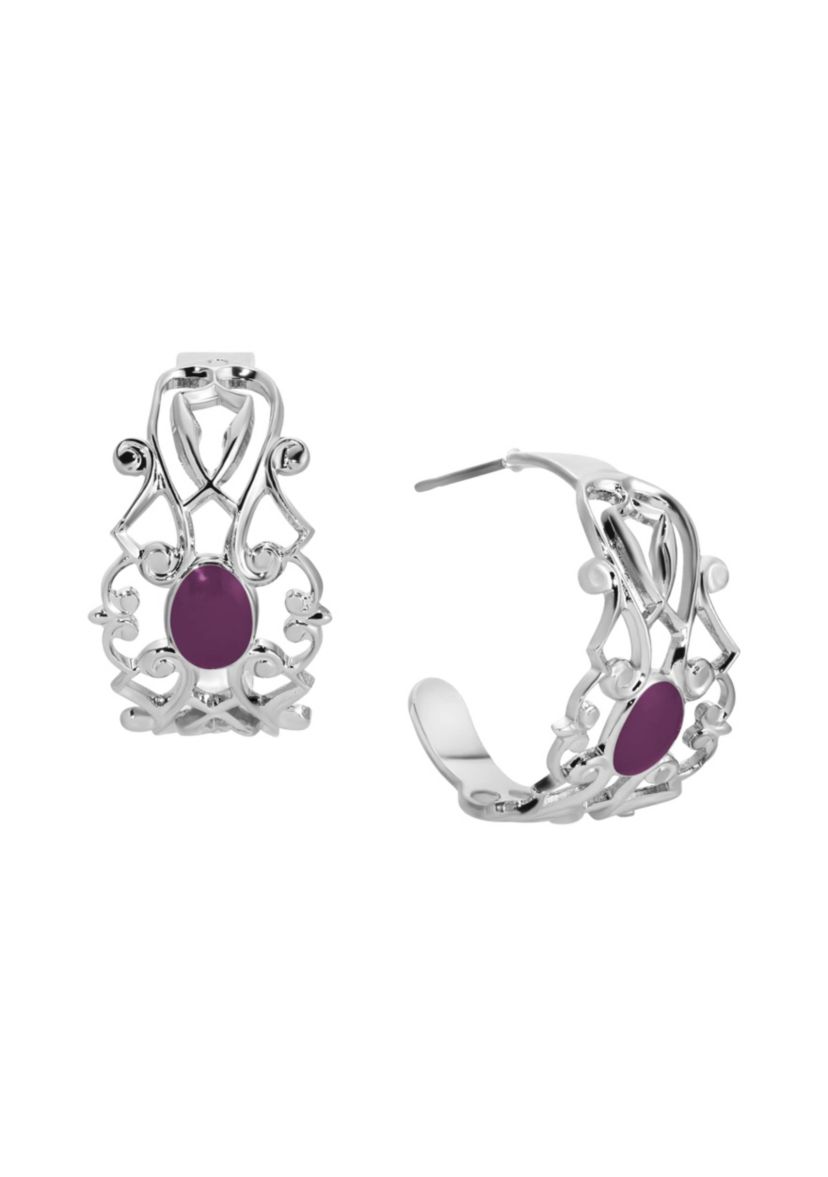 Silver Tone Filigree Enamel Hoop Earring