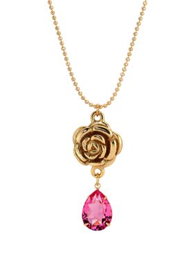 1928 Jewelry Gold Tone Flower Pendant Pink Glass Drop Necklace 18"