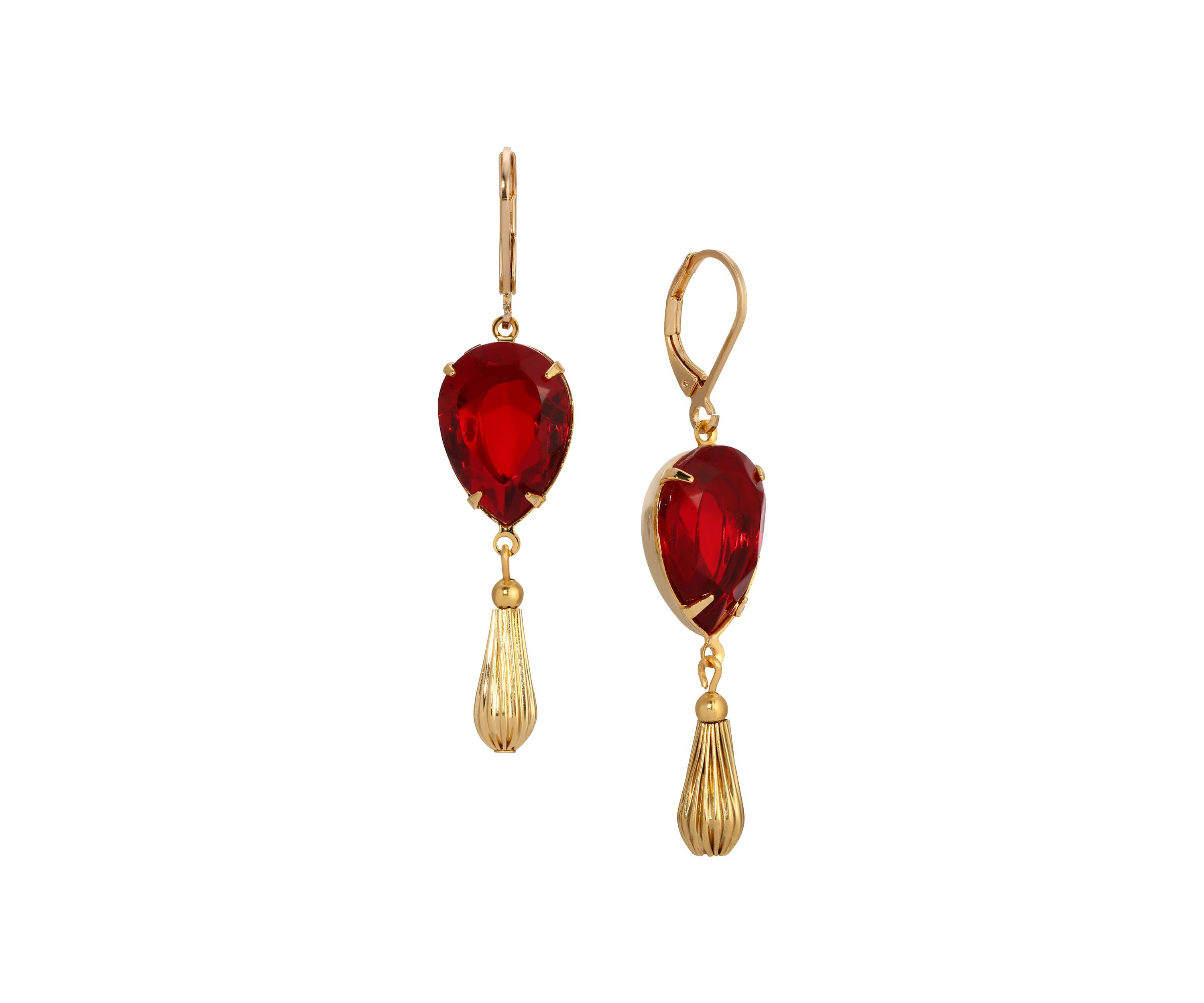 Gold Tone Red Teardrop Crystal Earrings
