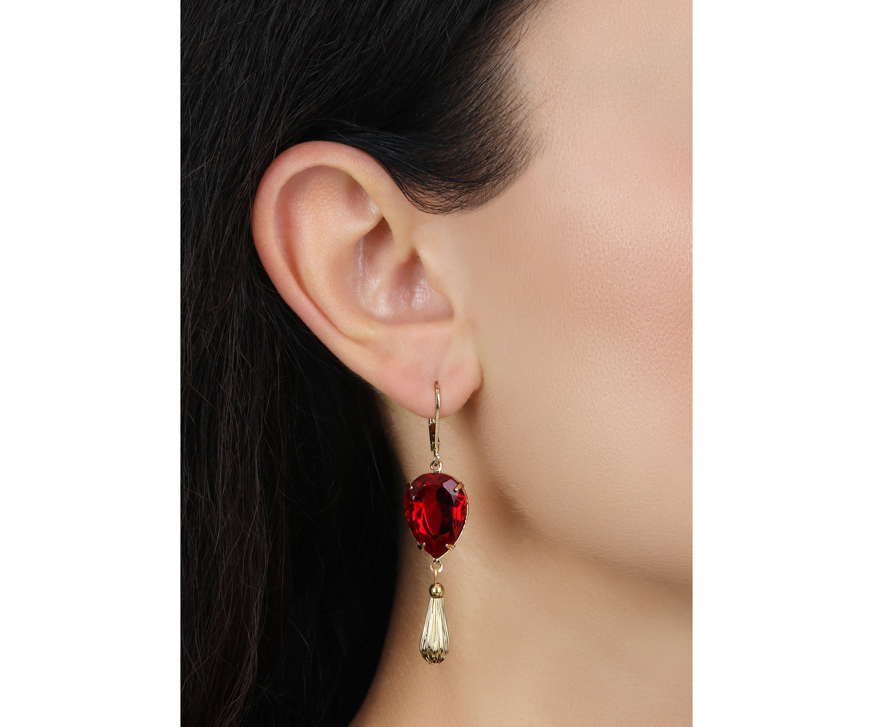 Gold Tone Red Teardrop Crystal Earrings