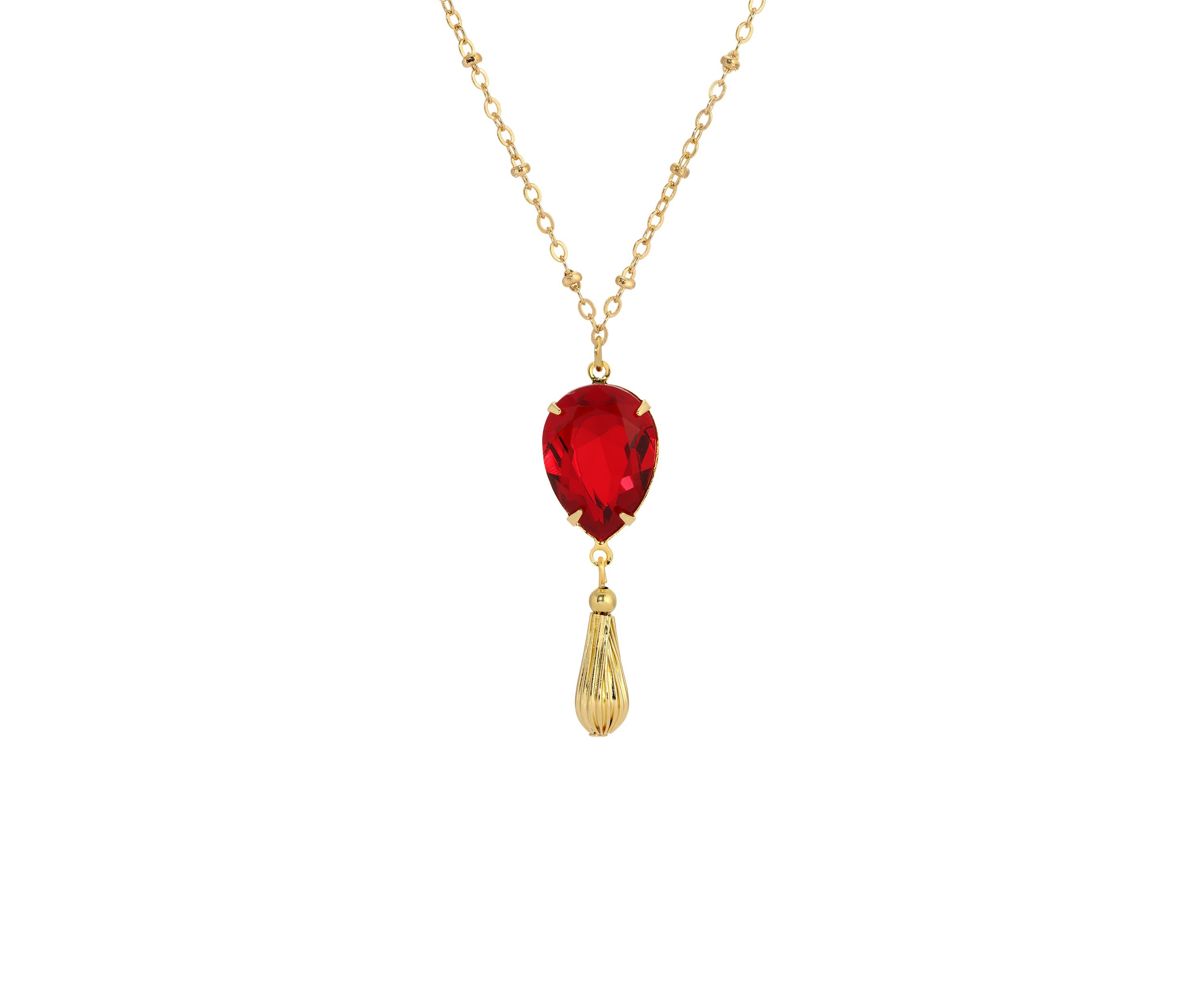 Gold Tone Red Teardrop Crystal Necklace
