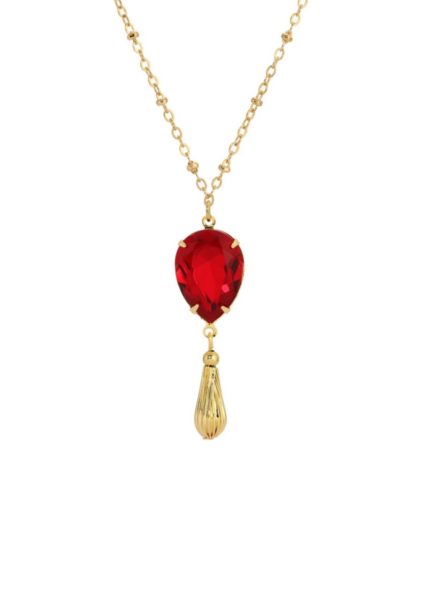 Gold Tone Red Teardrop Crystal Necklace