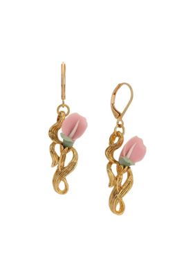 1928 Jewelry Gold Tone Pink Flower Drop Earrings