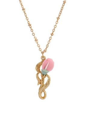 1928 Jewelry Gold Tone Pink White Flower Necklace 18"