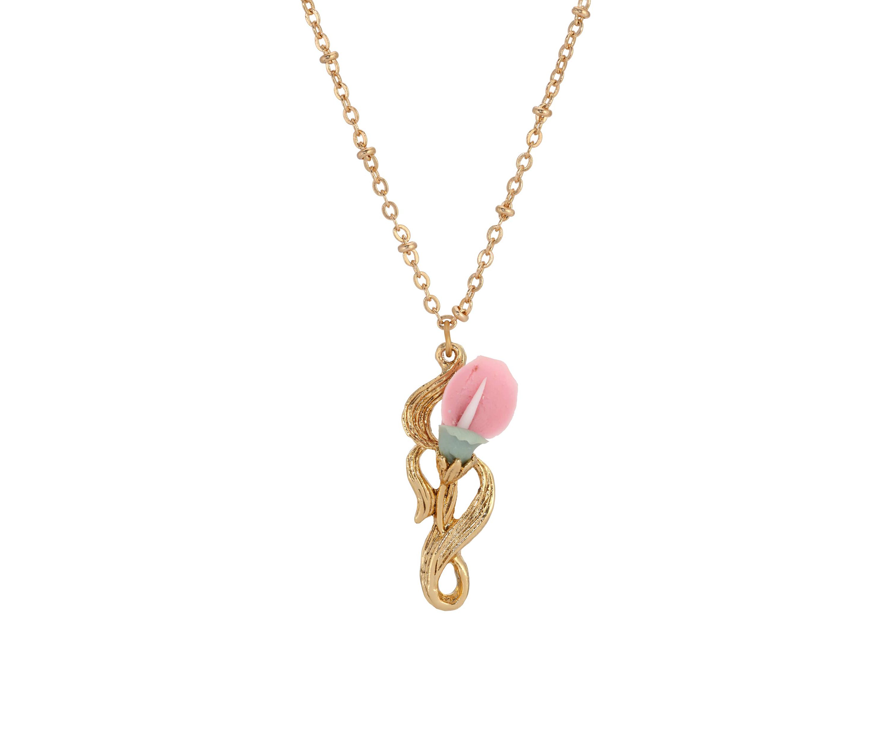 Gold Tone Pink White Flower Necklace 18"