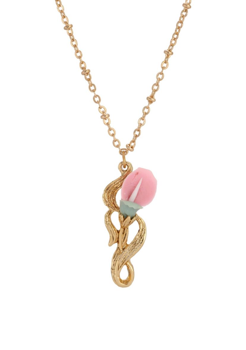 Gold Tone Pink White Flower Necklace 18"