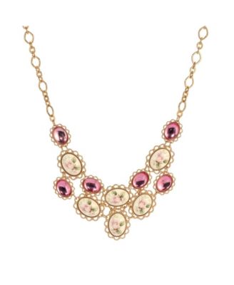 1928 Jewelry Gold Tone Pink & Porcelain Flower Stone Necklace 15" Adj