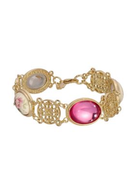 1928 Jewelry Gold Tone Pink & Porcelain Flower Stones Bracelet