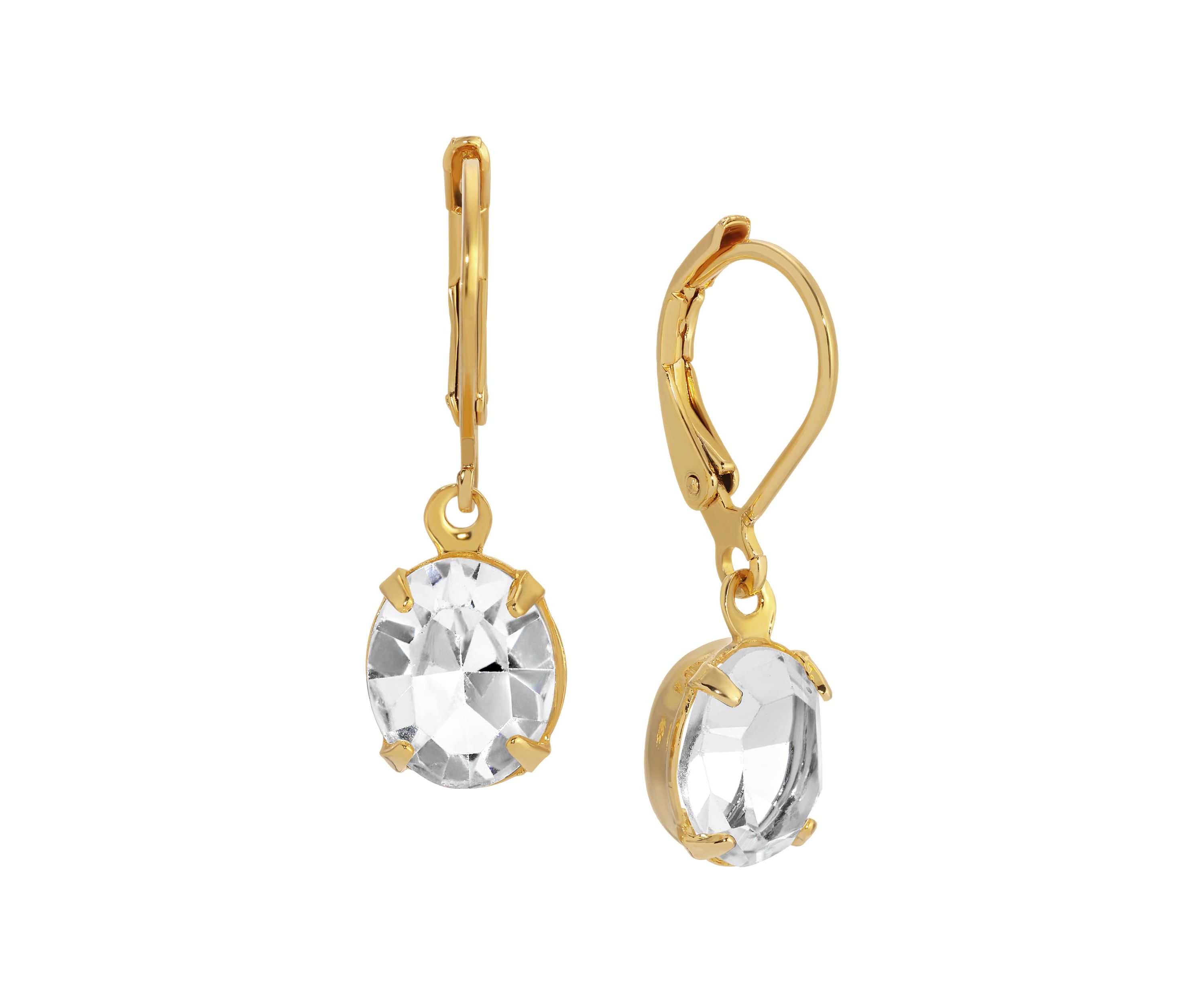 Gold Tone Clear Crystal Drop Leverback Earrings