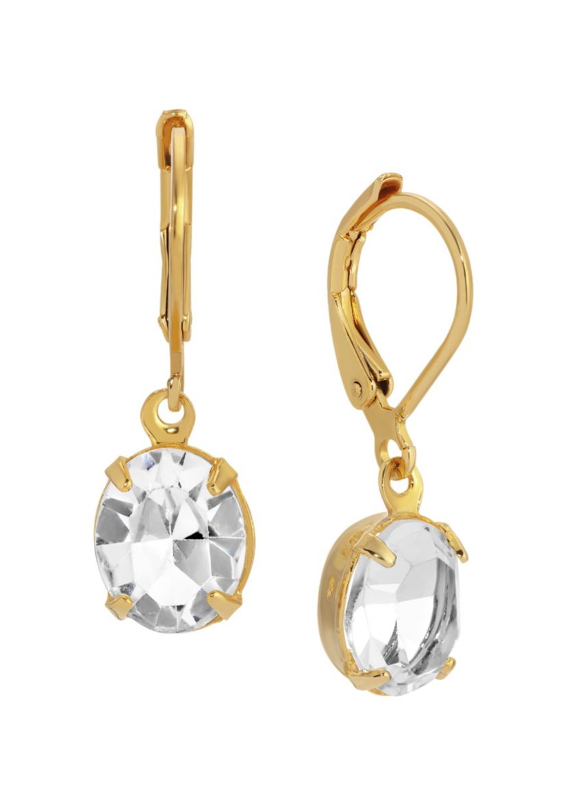 Gold Tone Clear Crystal Drop Leverback Earrings