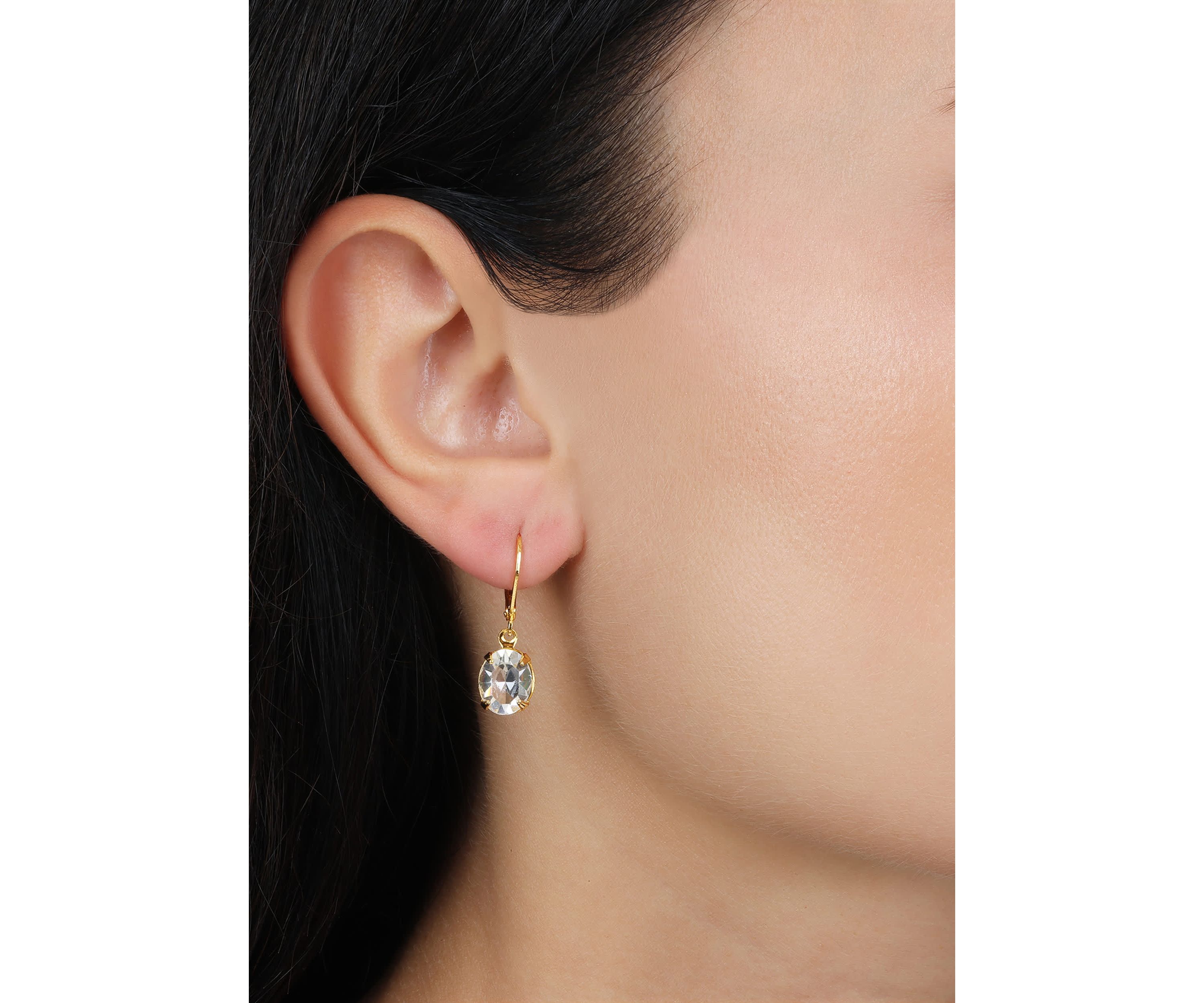 Gold Tone Clear Crystal Drop Leverback Earrings
