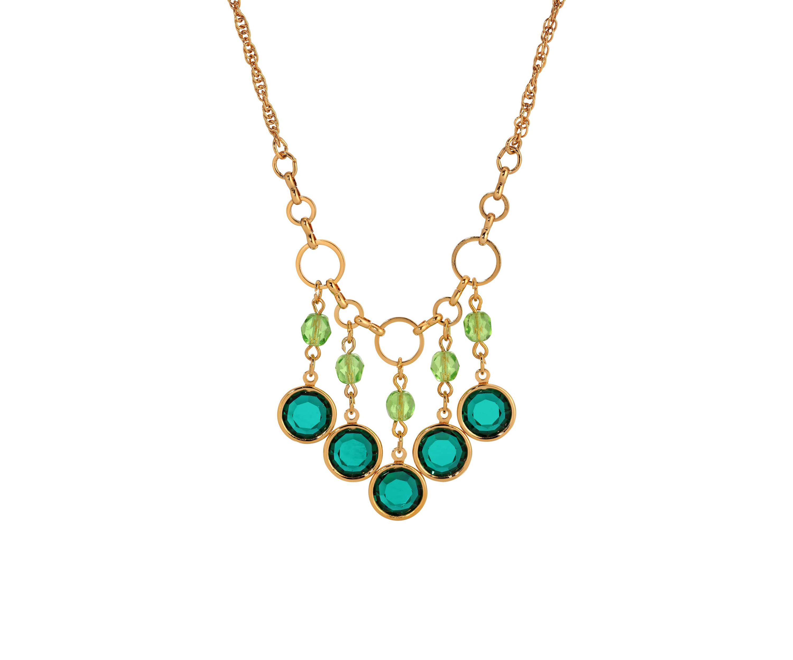 Gold Tone Green Crystal Necklace 16" Adj