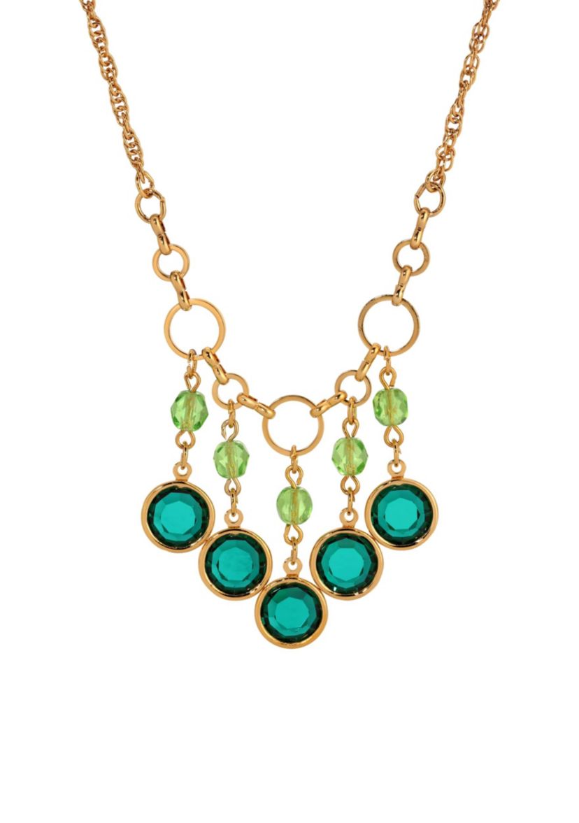 Gold Tone Green Crystal Necklace 16" Adj
