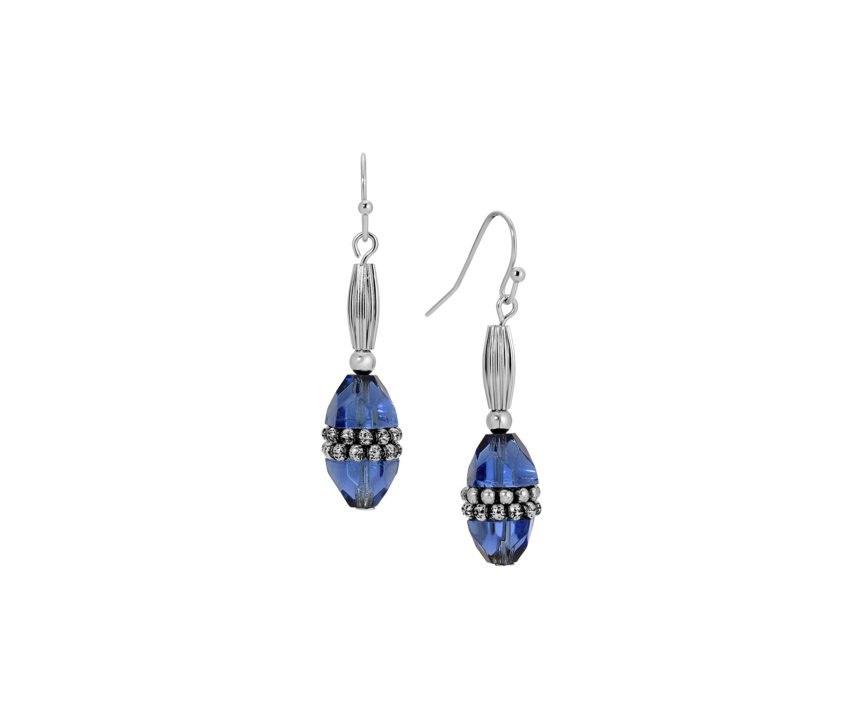 Silver Tone Blue Bead Drop Earrings