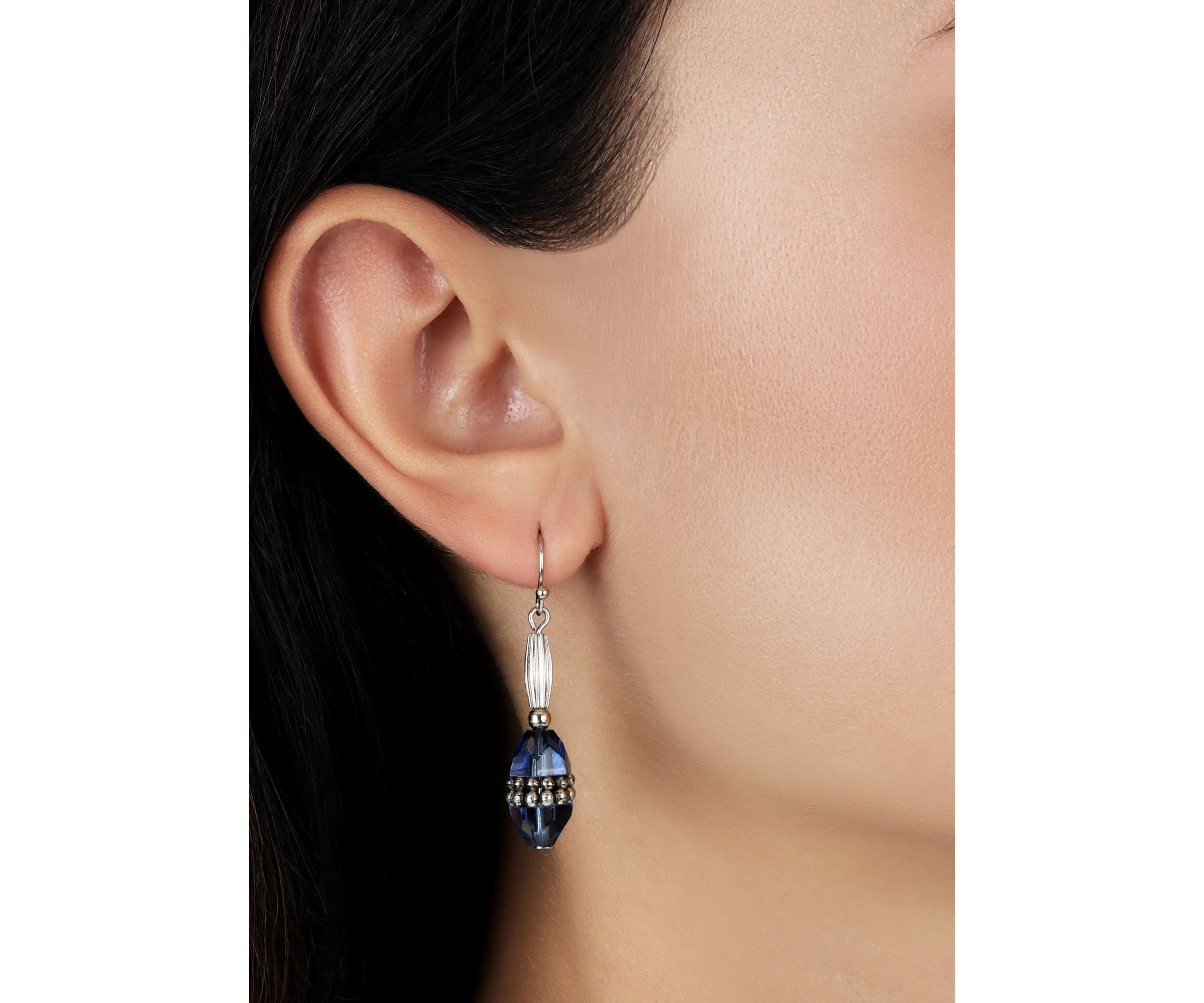 Silver Tone Blue Bead Drop Earrings