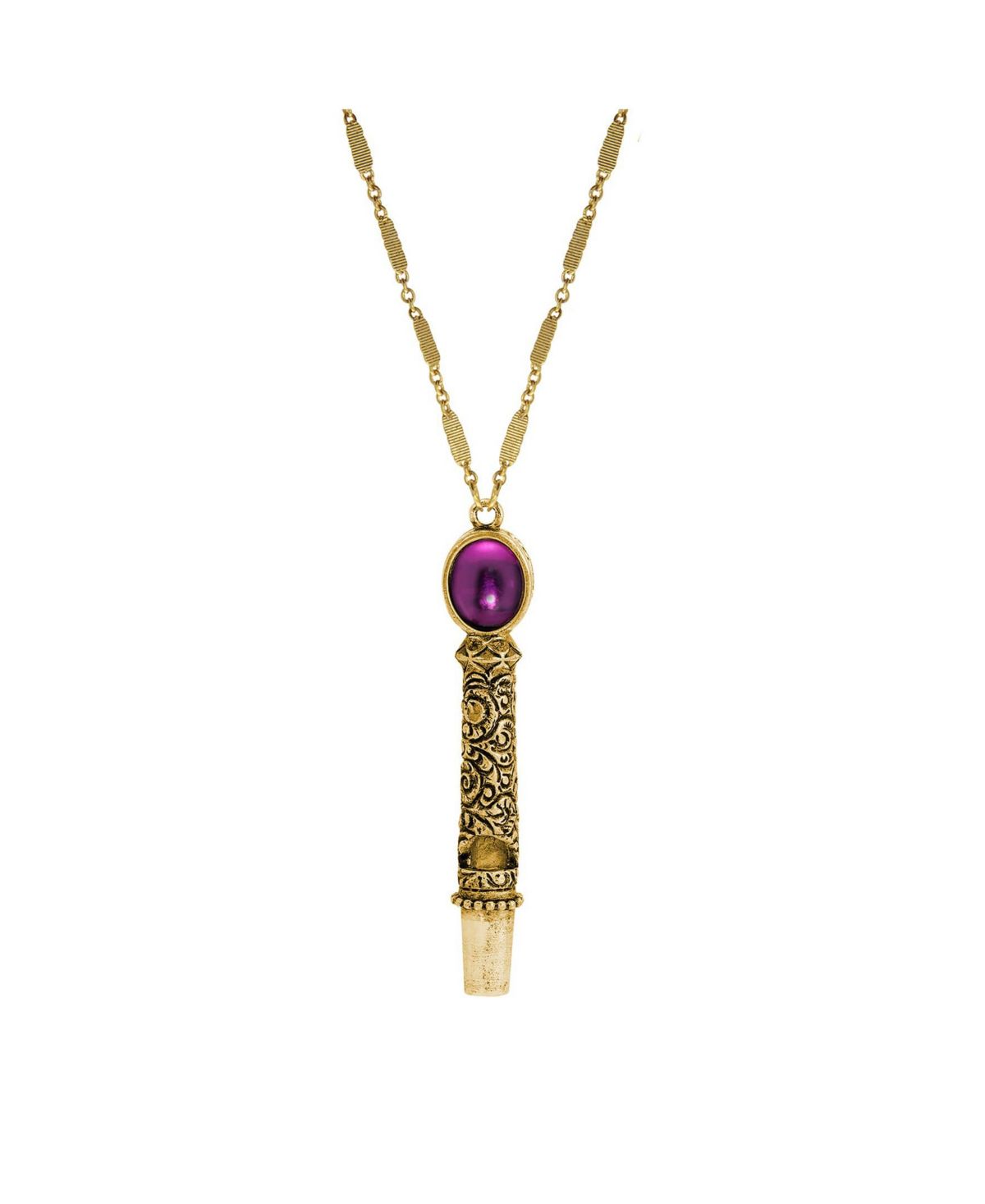 Gold Tone Purple Stone Whistle Necklace 28"
