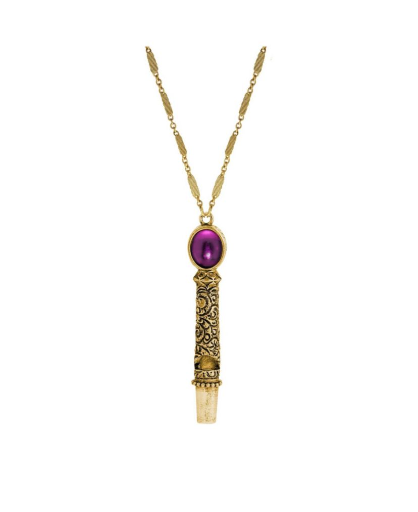Gold Tone Purple Stone Whistle Necklace 28"