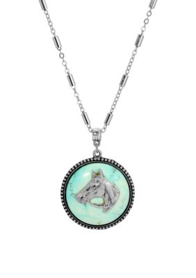 1928 Jewelry Silver Pewter Tone Round Turquoise Horse Pendant 18 Necklace