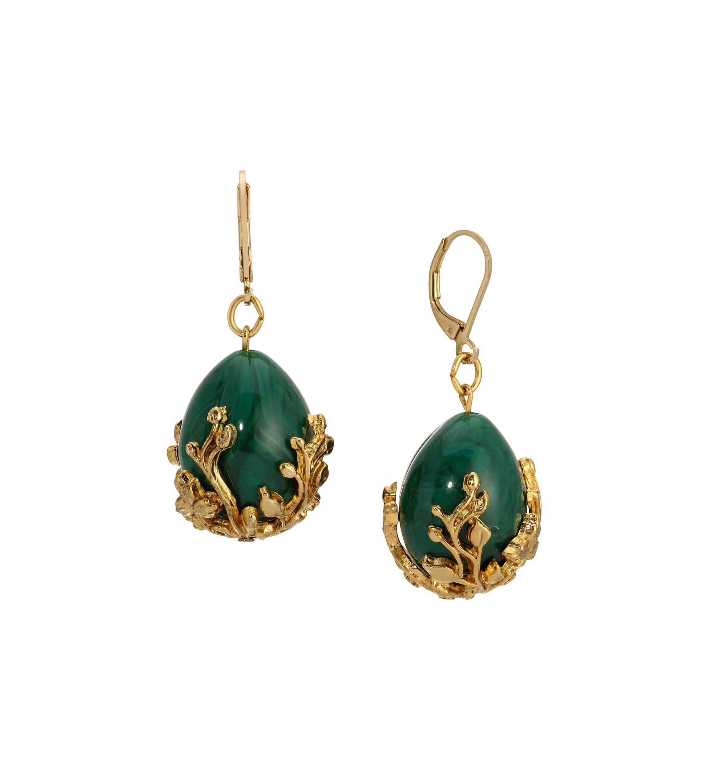 Gold Tone Green Gold Bead Drop Earrings