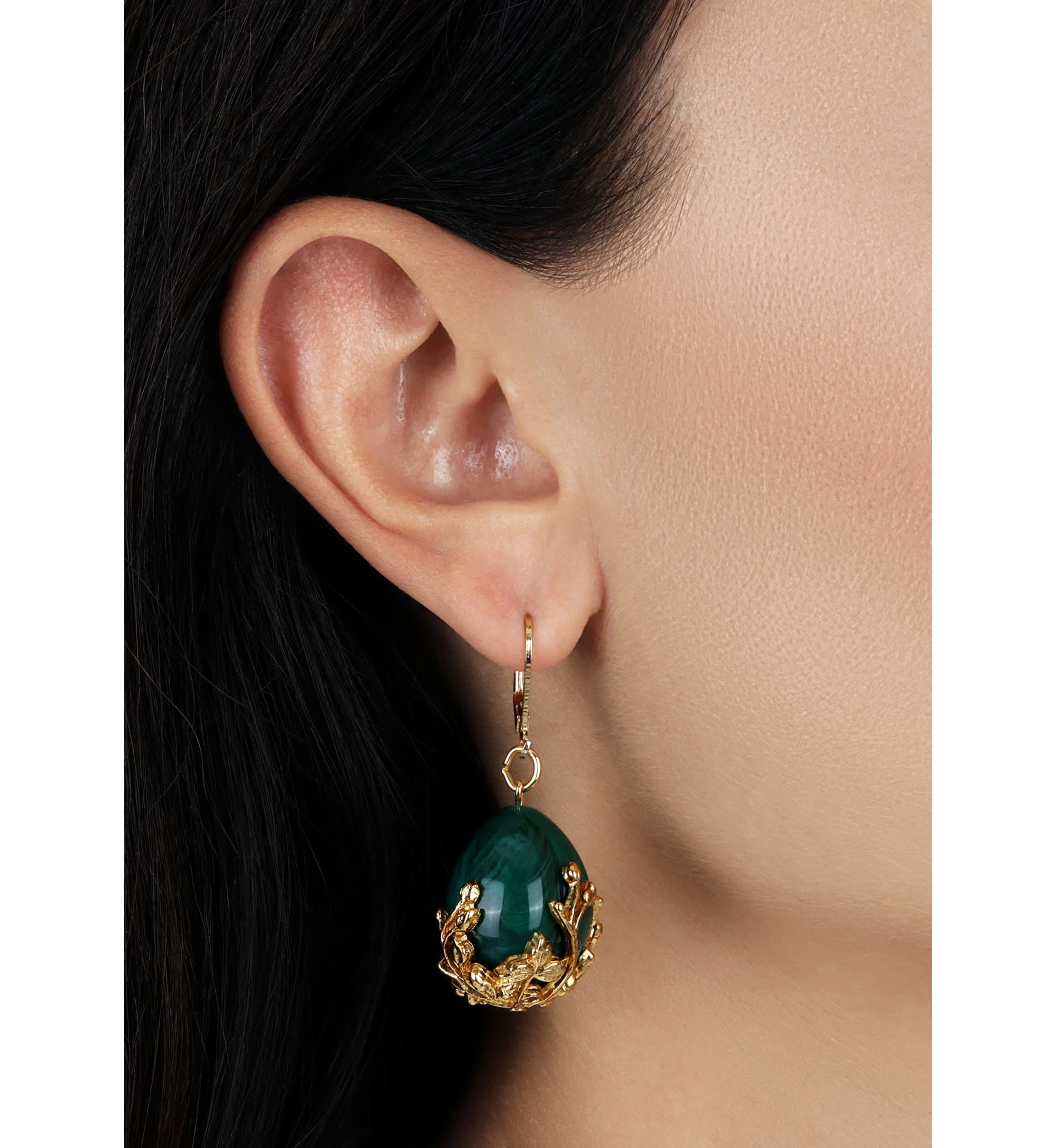 Gold Tone Green Gold Bead Drop Earrings