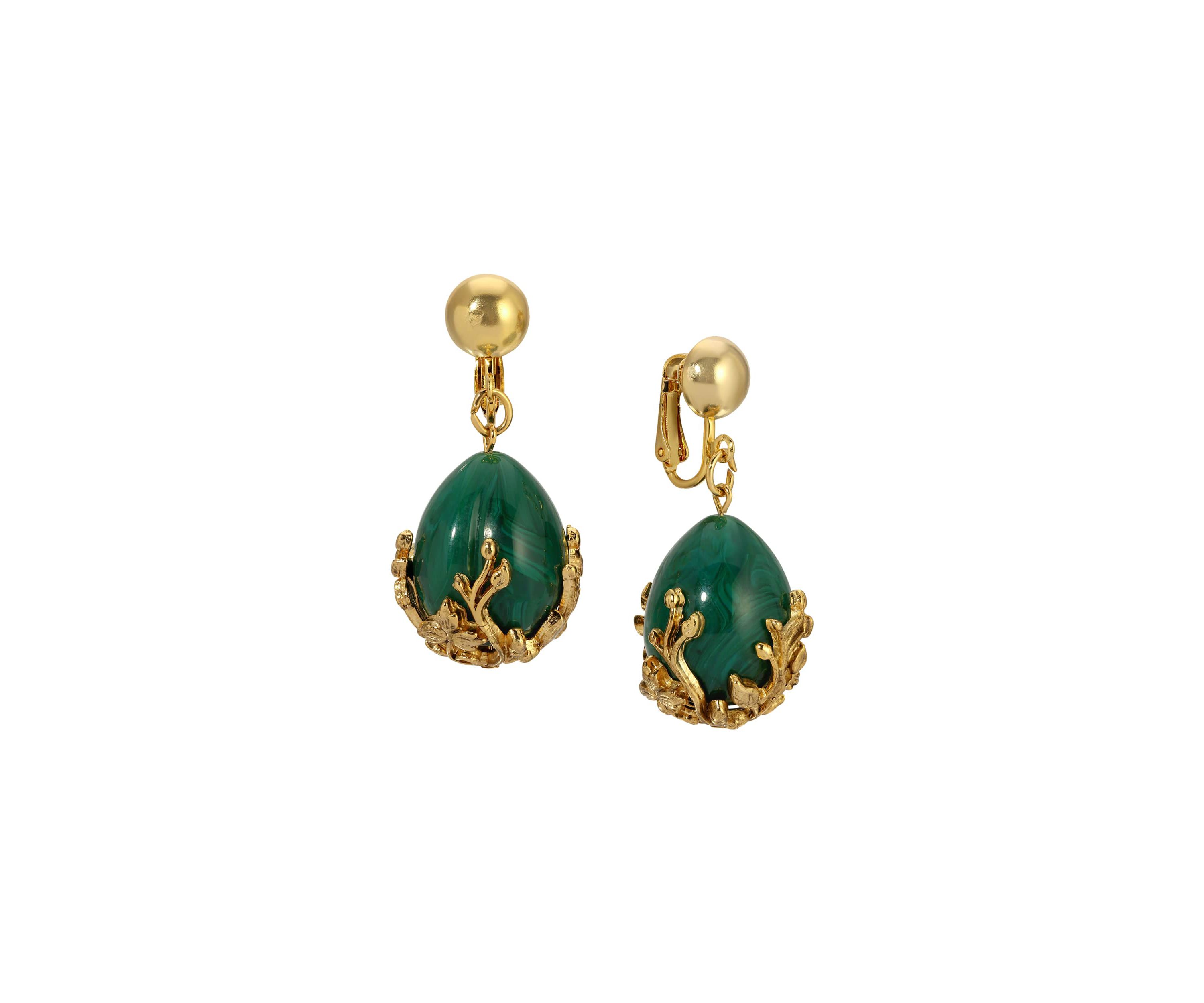 Gold Tone Green Gold Bead Clip Earrings
