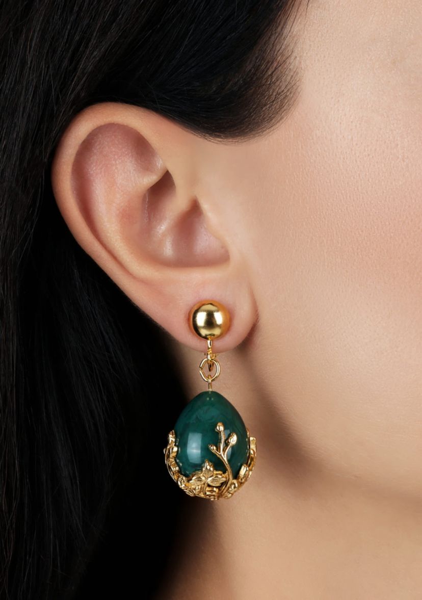 Gold Tone Green Gold Bead Clip Earrings