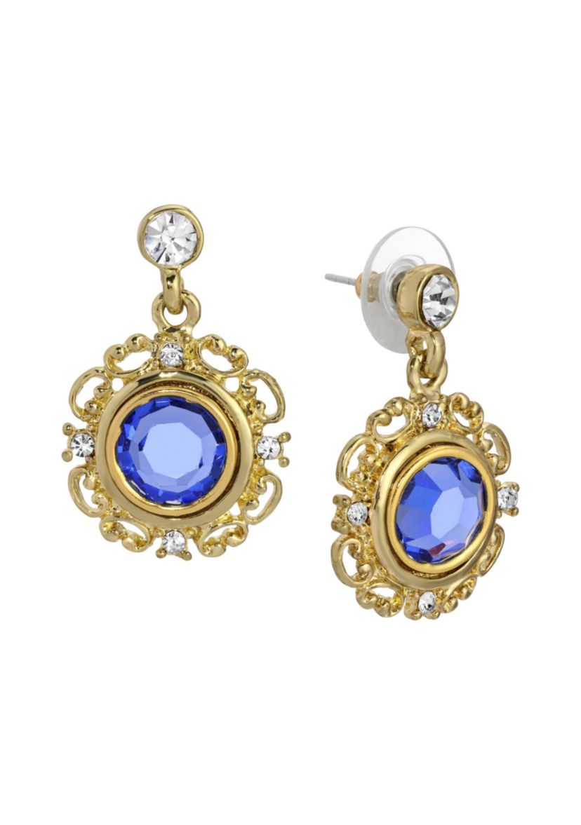 Gold Tone Blue Round Drop Earrings