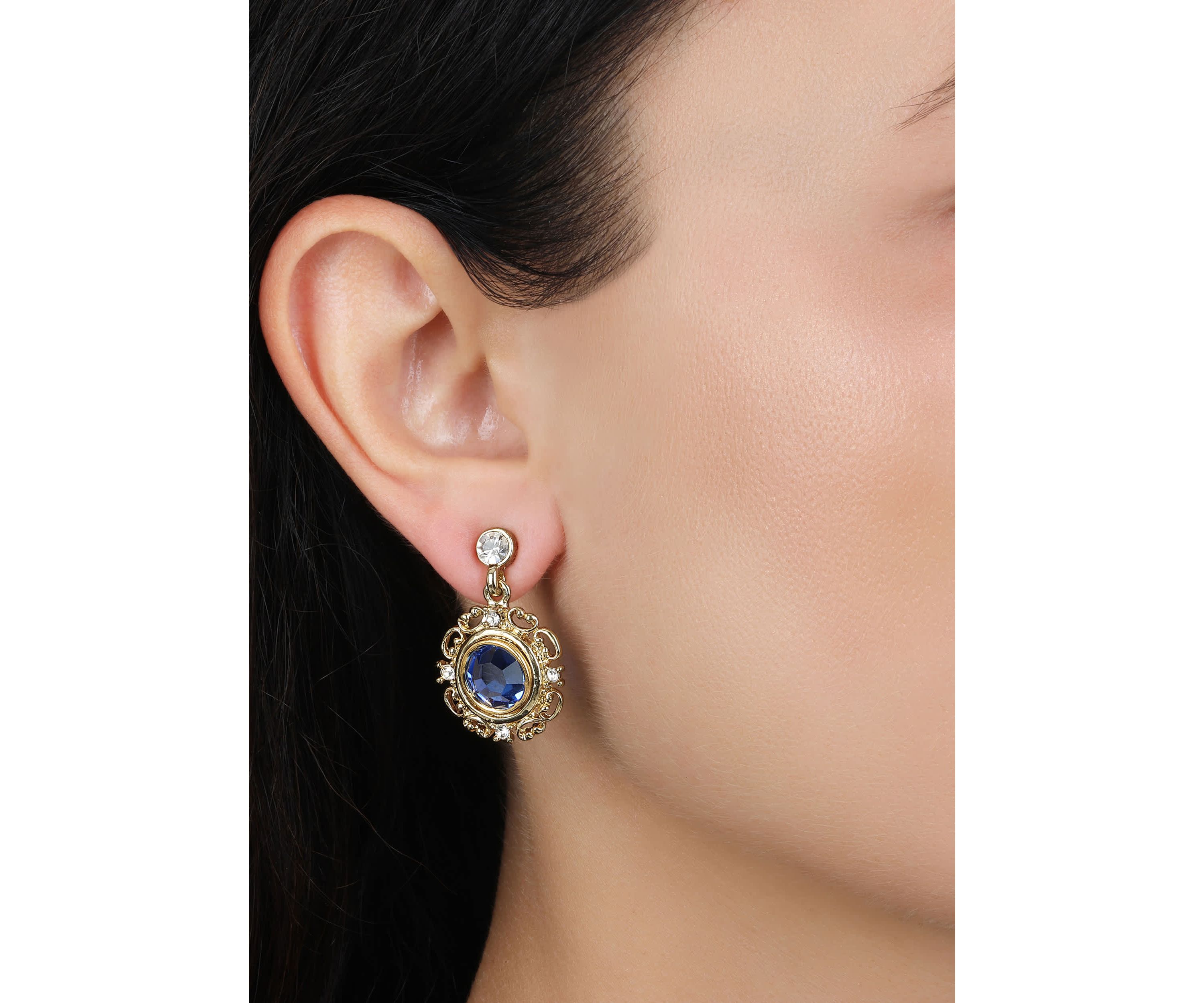 Gold Tone Blue Round Drop Earrings